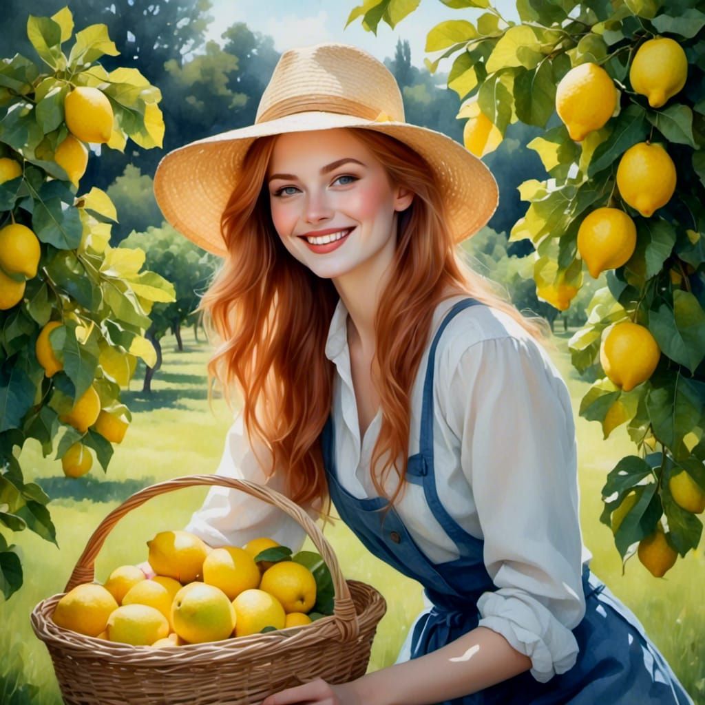 Ginger Woman with Lemons in Watercolor Style