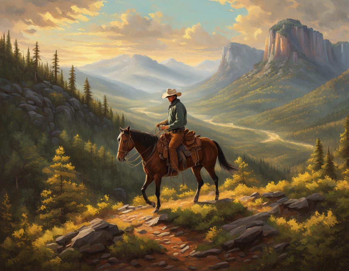 Cowboy on Horseback Through Mountain Forest in Oil Painting ...