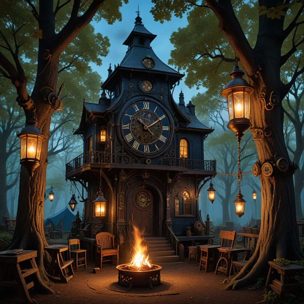 Steampunk Campsite in Moonlit Forest