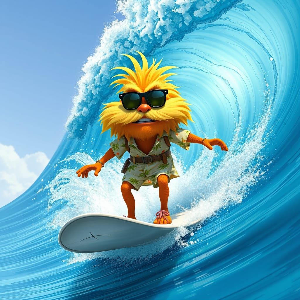 Lorax Surfing a Wave in Pixar Style