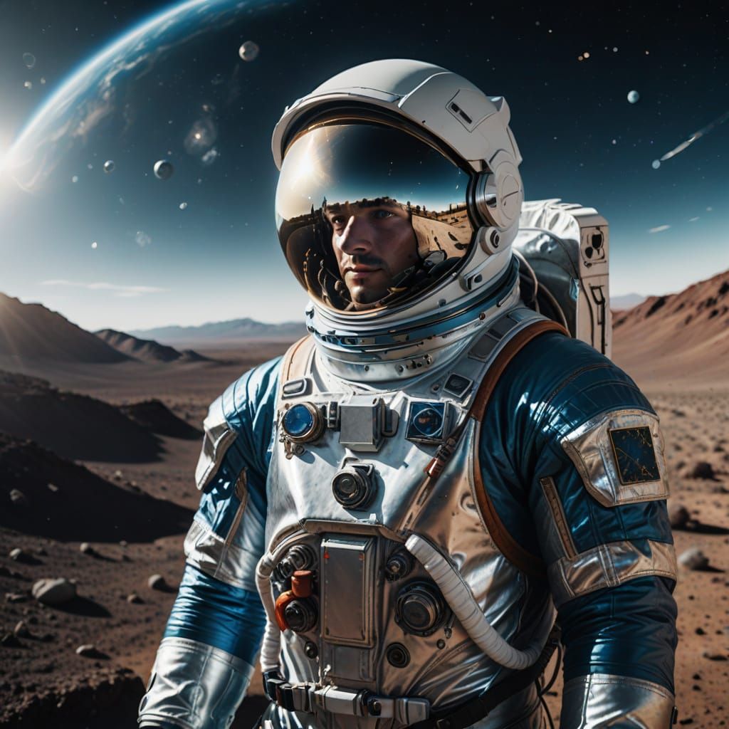 Astronaut in Shimmering Spacesuit on Curved Earth
