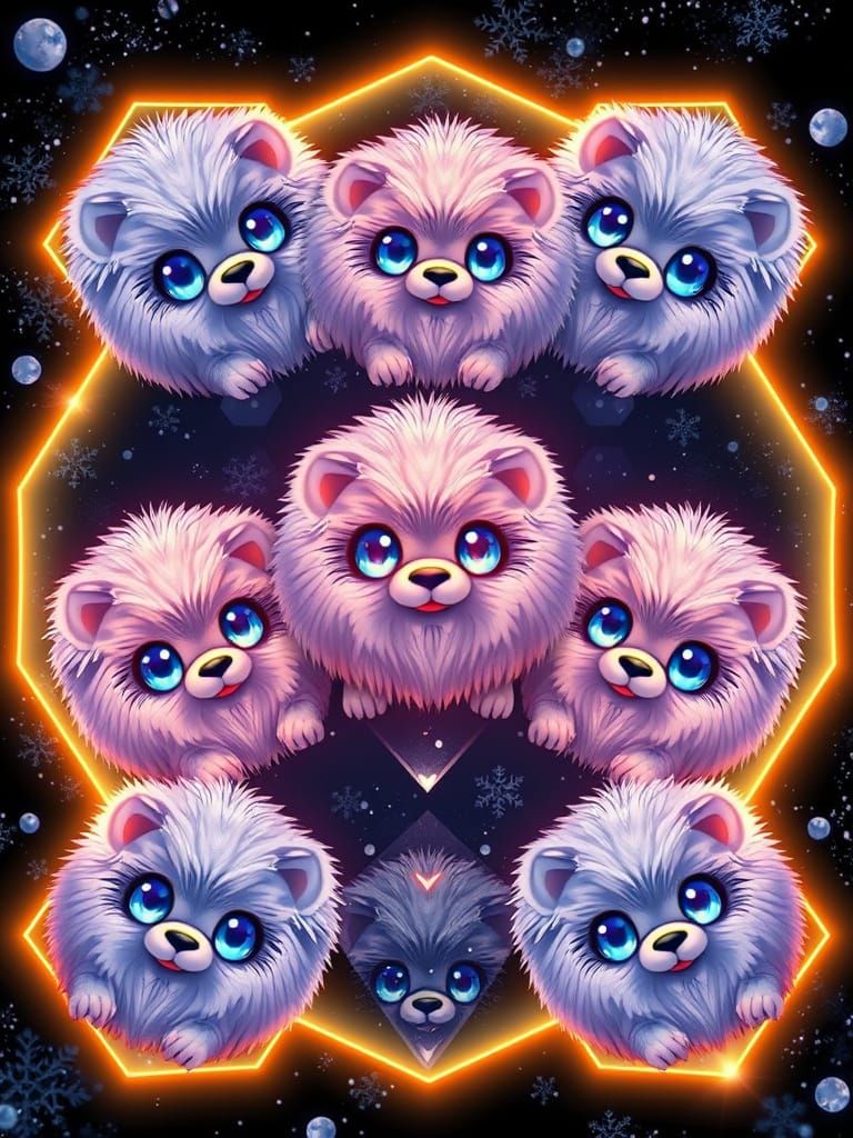 Fluffy Anime Malamutes in Hexagonal Portraits