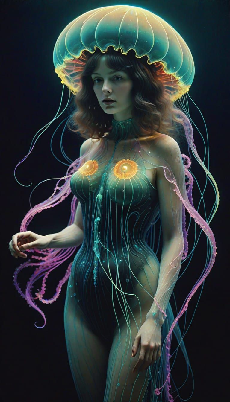 Glowing Geometric Ghost Jellyfish in Vibrant Autochrome Styl...