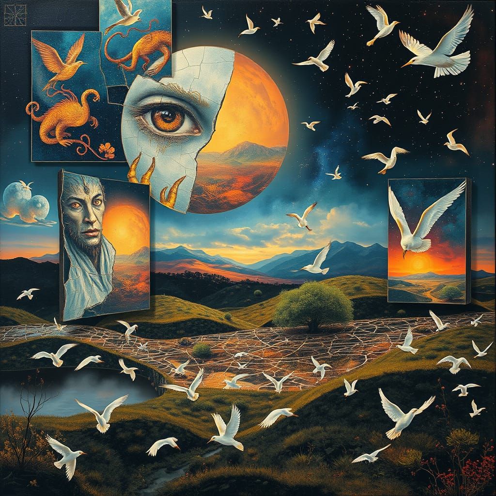 Dreamlike Collage with Mythical Creatures in Surreal Landsca...