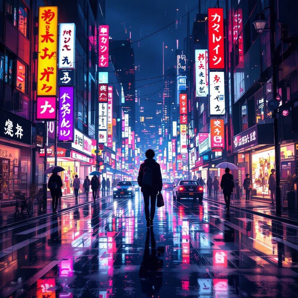 Anime-Inspired City Street Scene with Neon Lights