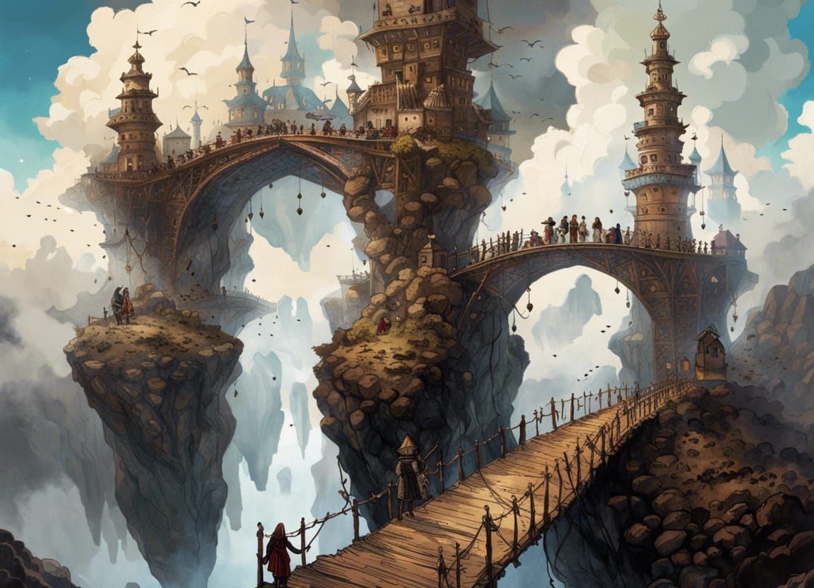 Magical Bridge Between Cloud Towers: Fantasy Illustration