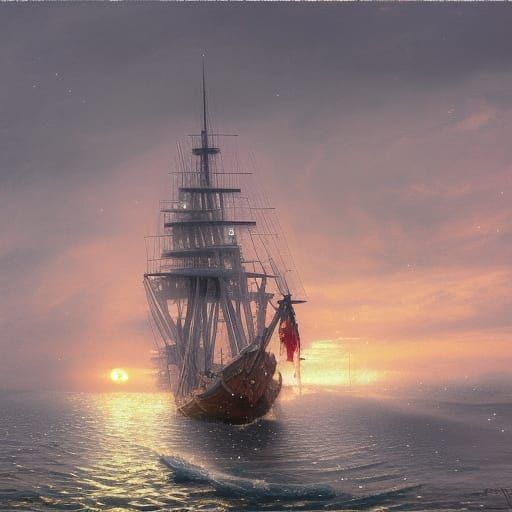 Futuristic Pirate Ship in Snowy Bay: Detailed Matte Painting