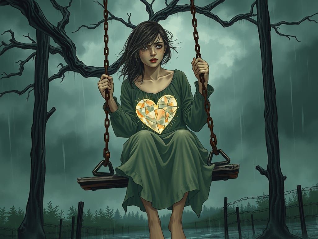 Young Woman on a Swing, Surrounded by Heartbreak and Rain