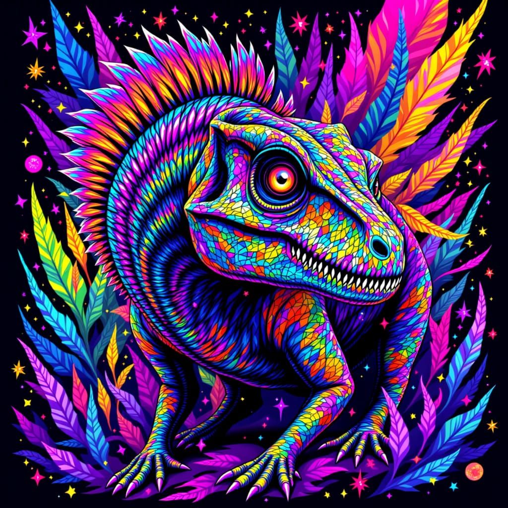 Vibrant T-Rex in Kaleidoscope Style with Zentangle Patterns