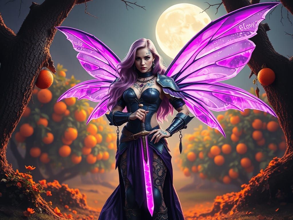 Gothic Fairy in Orange Grove Under Full Moon