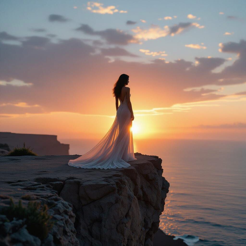 Woman Silhouetted at Sunset Cliff Edge