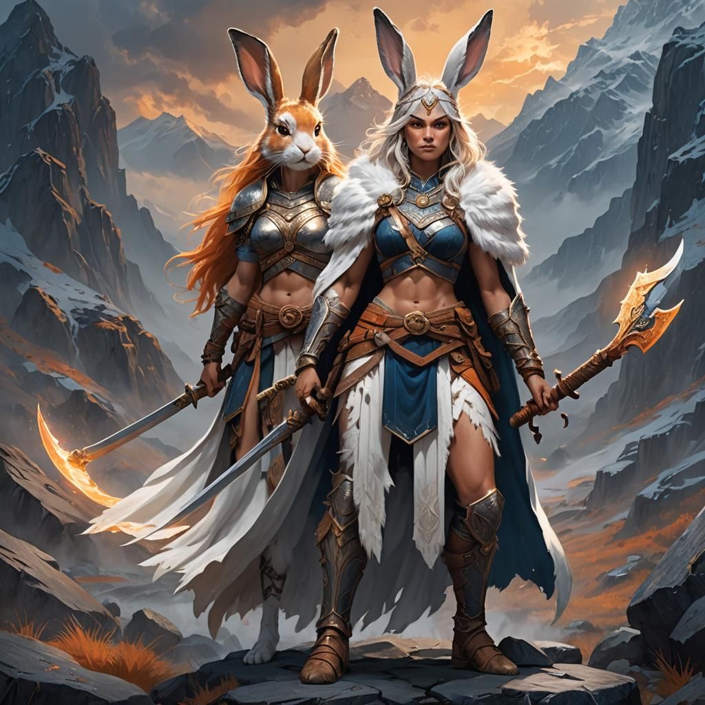 Rabbit Barbarian with Sword and Axe, Fantasy Art