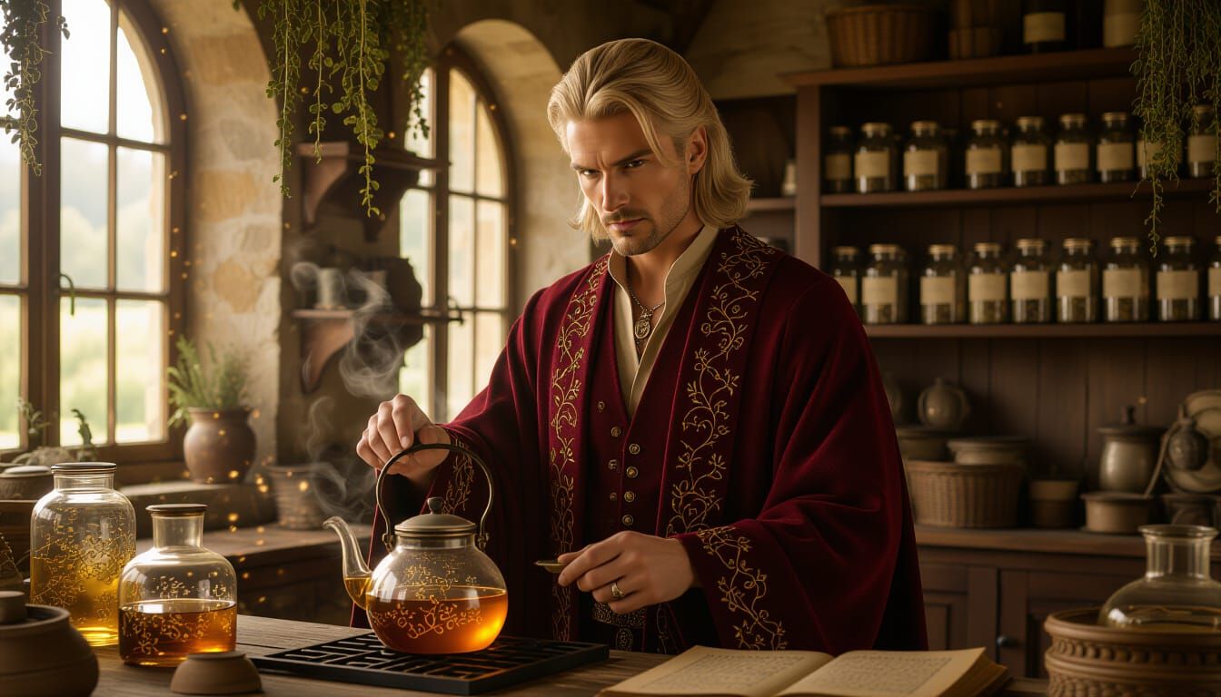 Enchanted Tea Master in Mystical Herb Kitchen