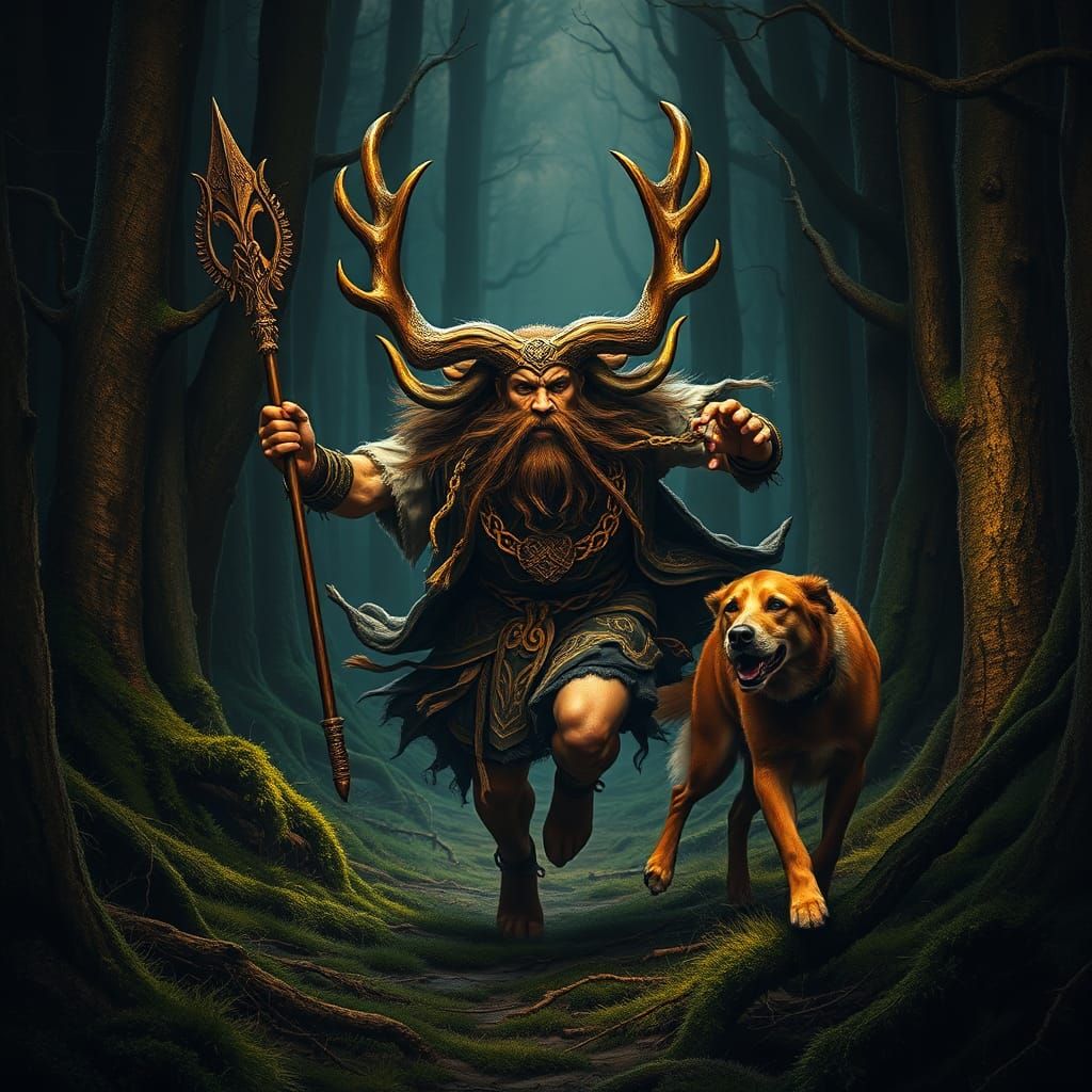Cernunnos, Celtic God of the Hunt, in Mystical Forest