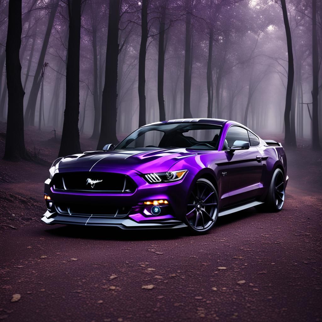 Black and Purple Mustang in Enchanted Forest