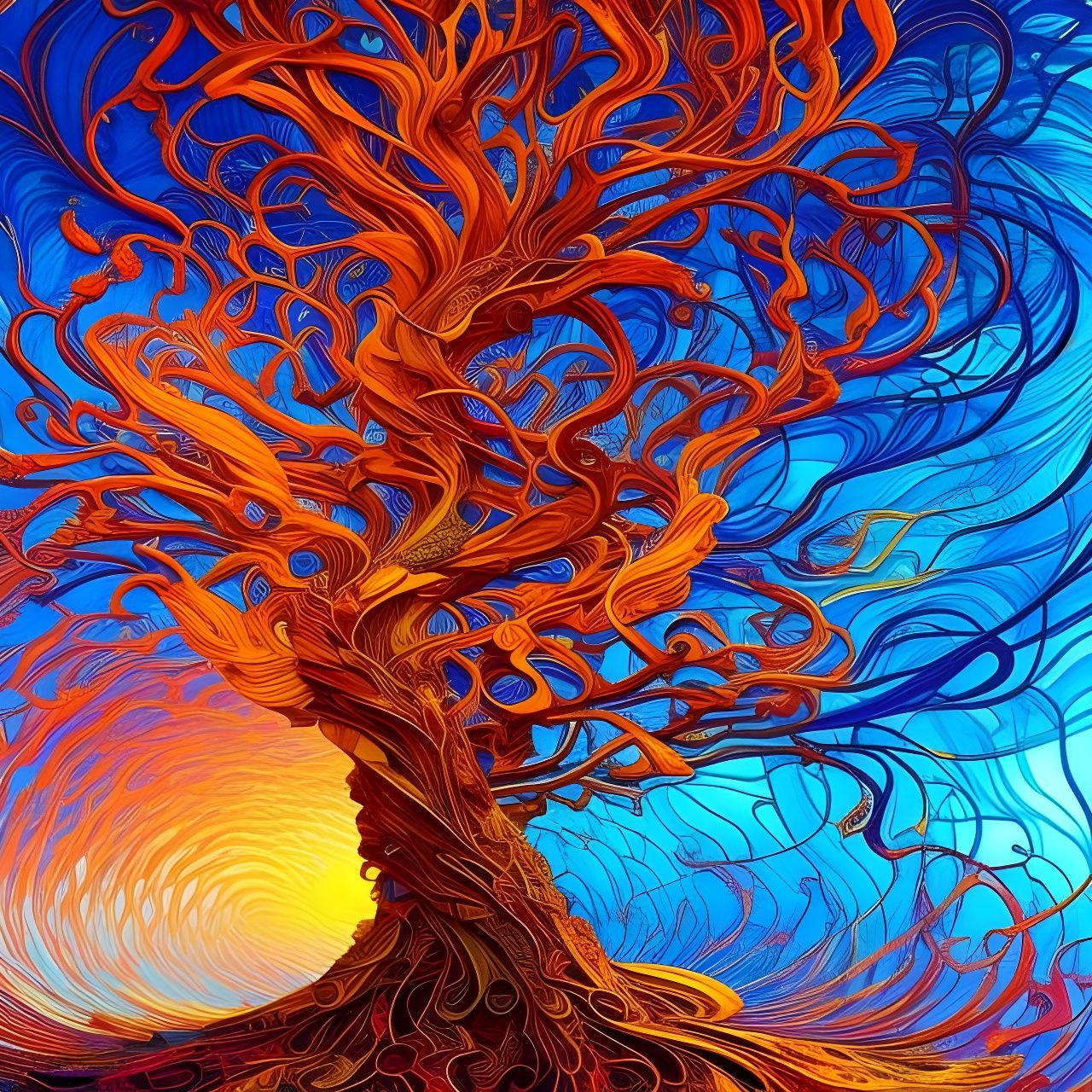 Fiery Tree of Life in Maximalist Photoillustration Style