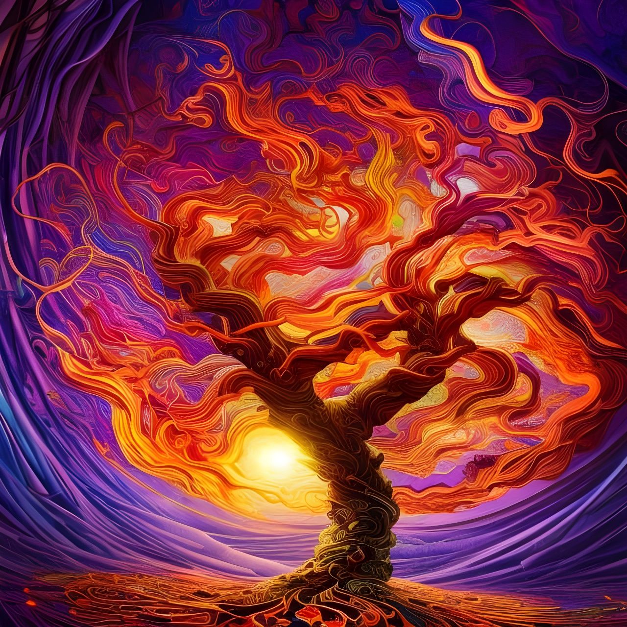 Fiery Tree: Swirling Flames in Japanese Art Style