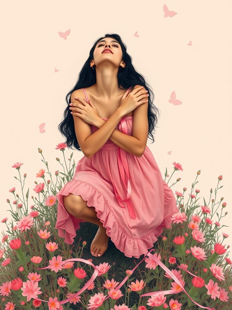 Woman in Pink Dress Standing Among Flowers