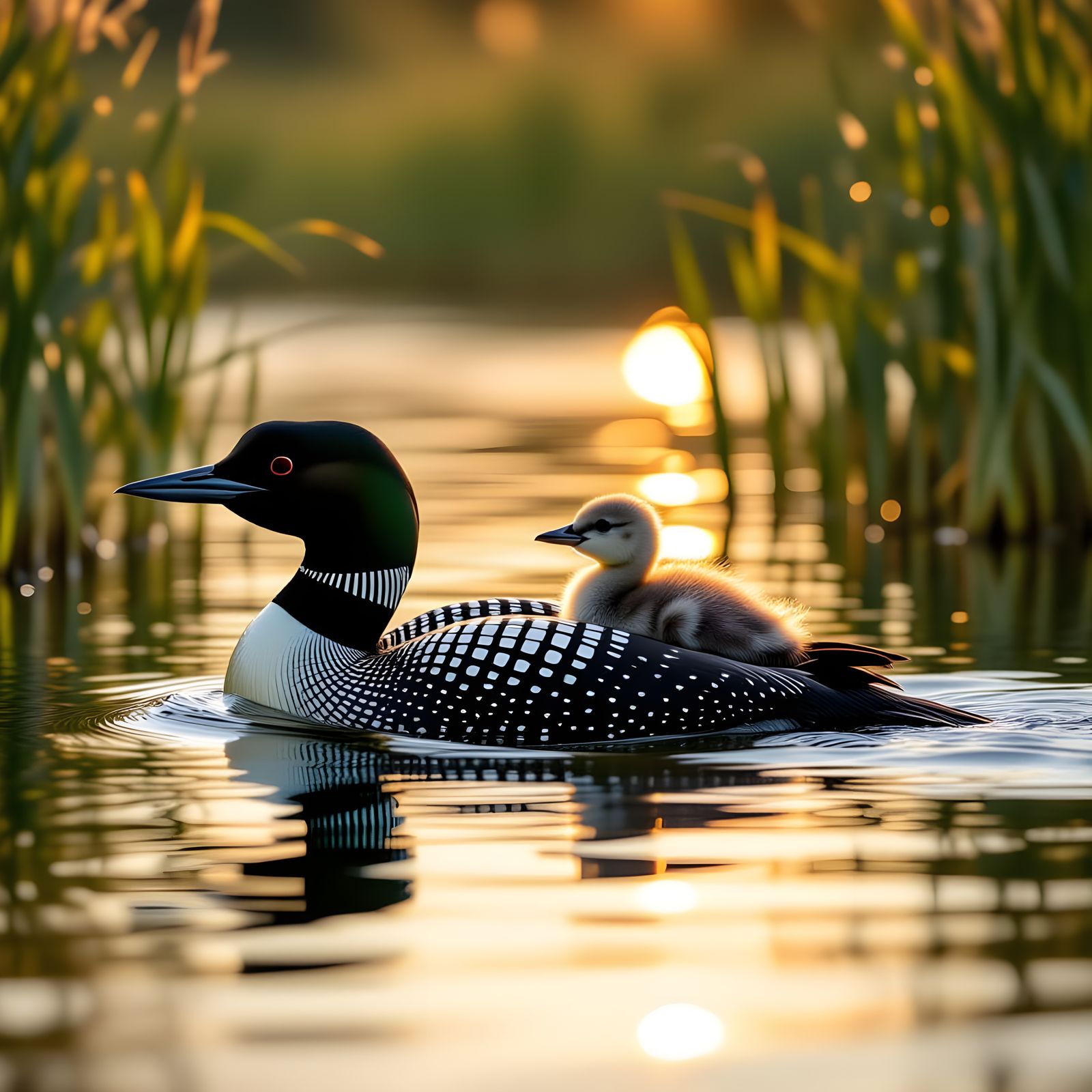 Loon with Chick in Reeds: Cinematic Film Still
