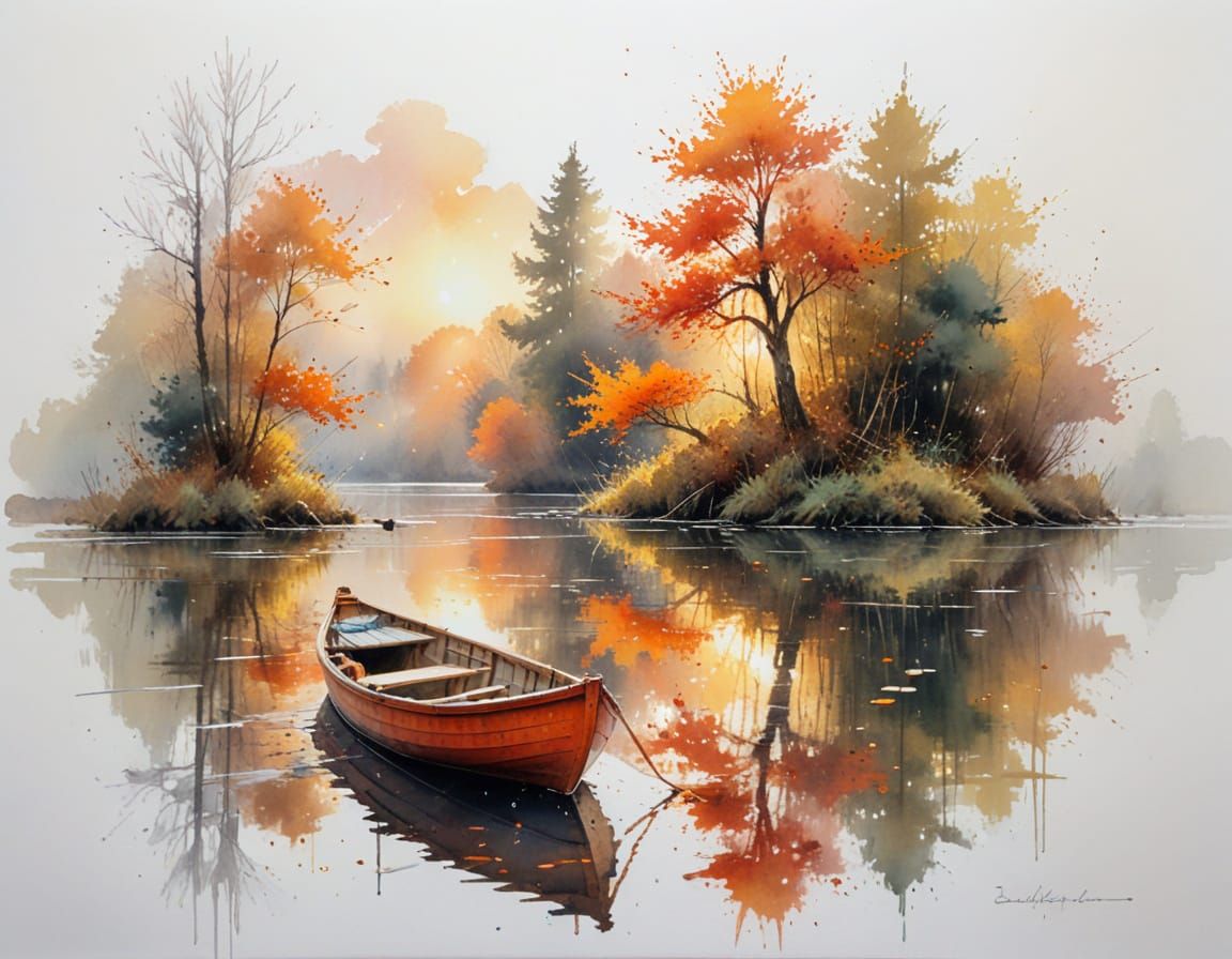 Tranquil Autumn Forest River Scene with Rowboat