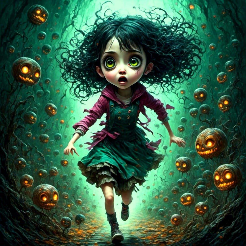 Scared Girl Lost in Giant Horror World