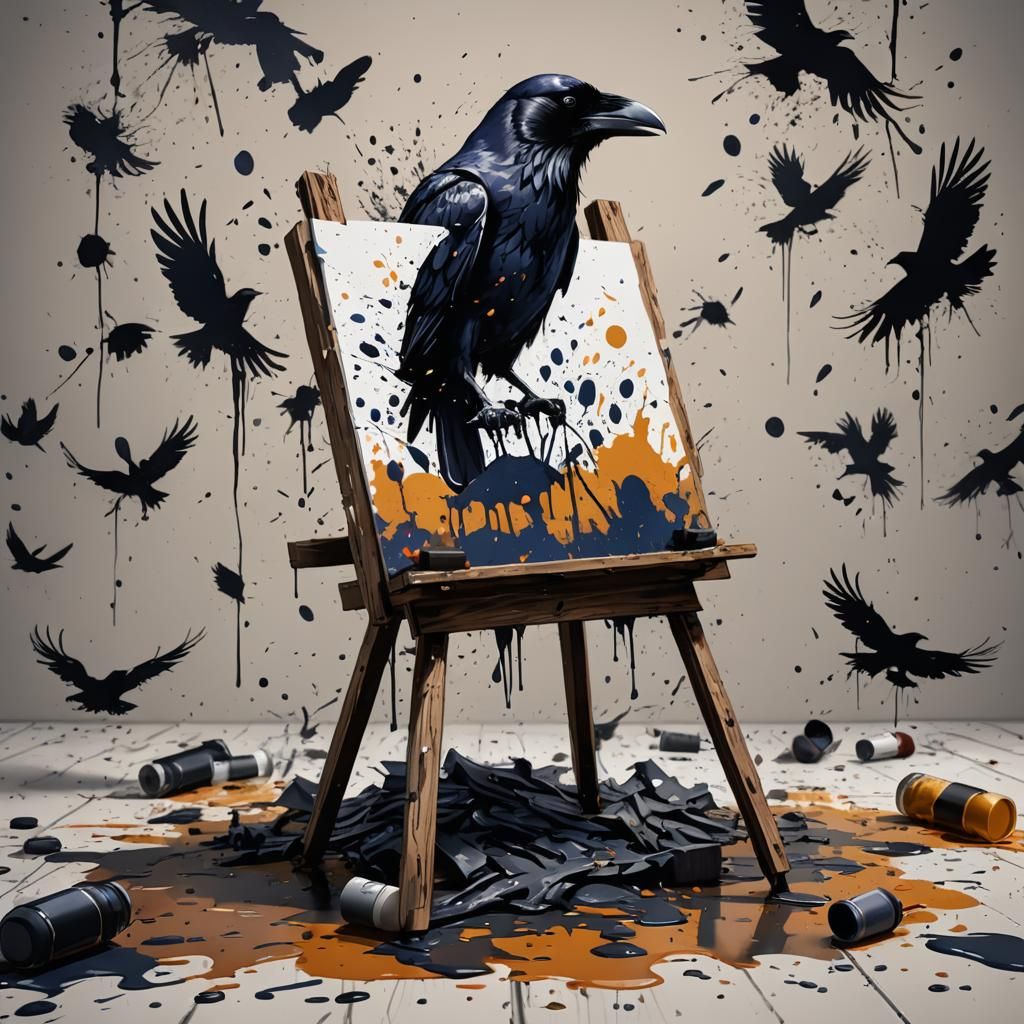 Raven Ink Drawing with Spilled Ink Birds
