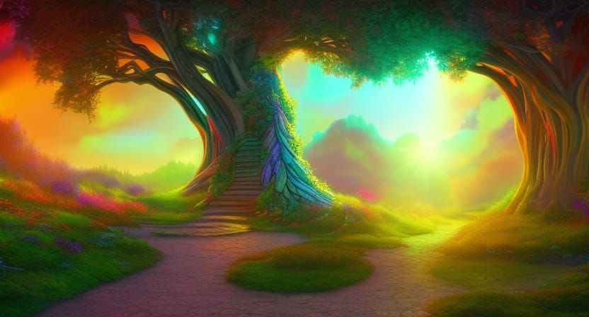 Ethereal Elven Tree Portal at Sunset