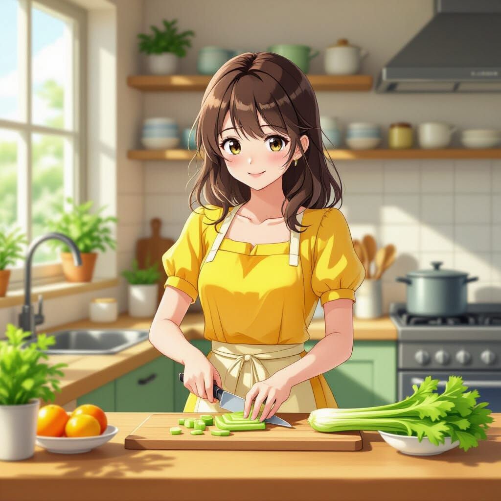 Anime Girl Prepares Food in Cozy Kitchen