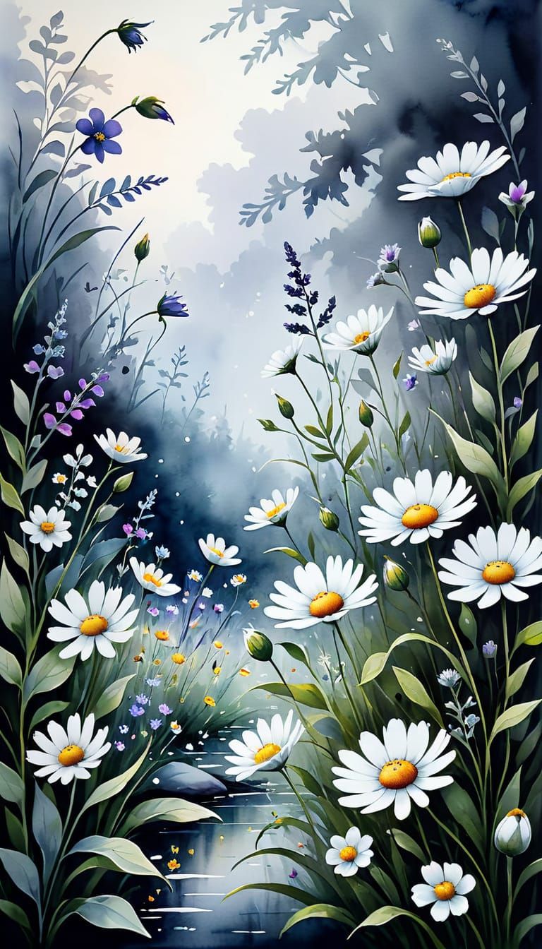 Wildflowers in Vibrant Bloom, Delicate Watercolour Painting