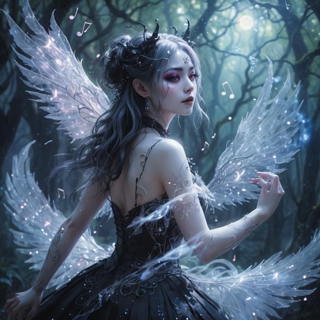 Goth Demon Girl Dancing in Mystical Forest