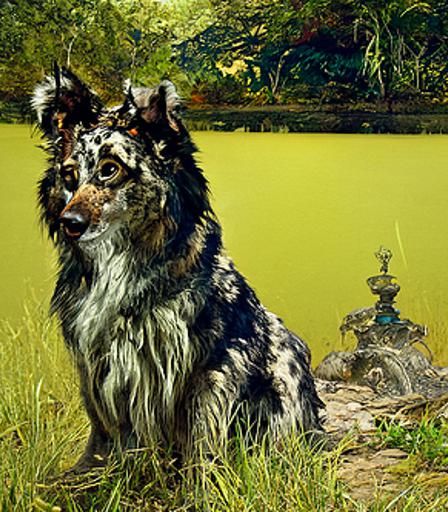 Australian Shepherd Dog Painting with Full Moon