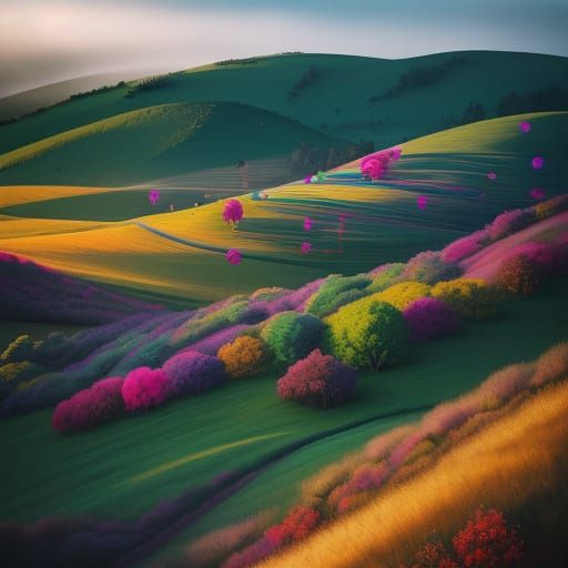 Vibrant Candy Landscapes with Rolling Hills and Lollipops
