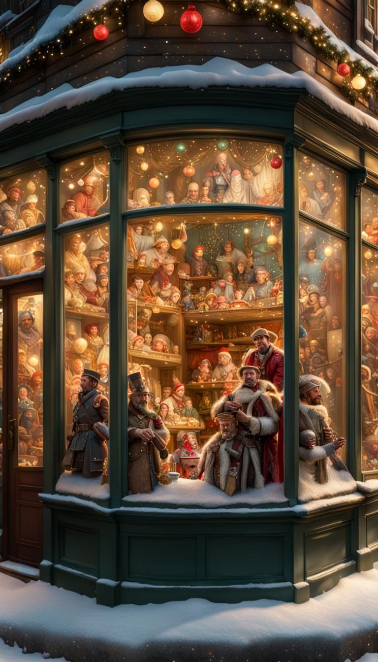Vintage Toy Store Window in Christmas Lights