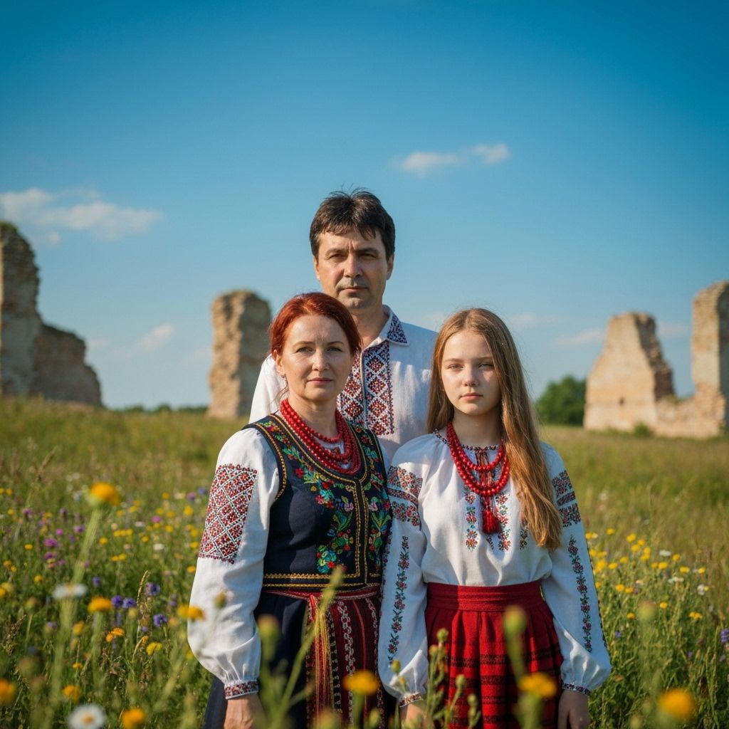 Ukrainian Family Embrace Amidst Ruins in Impressionistic Sty...