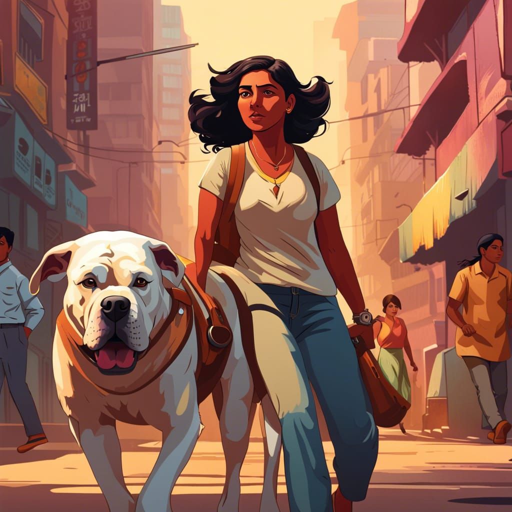 Indian Woman Walking Dog in Downtown Mumbai