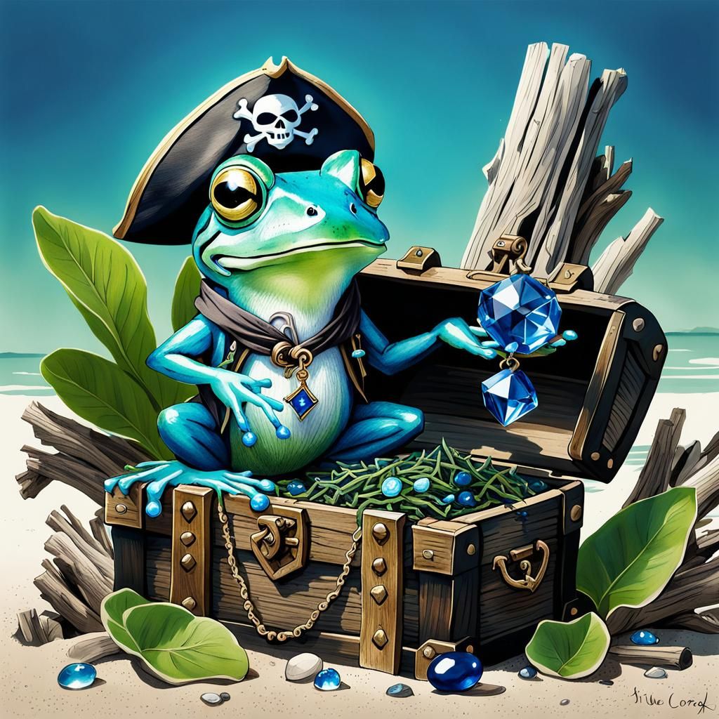Pirate Frog Guarding Treasure: Line and Wash Art
