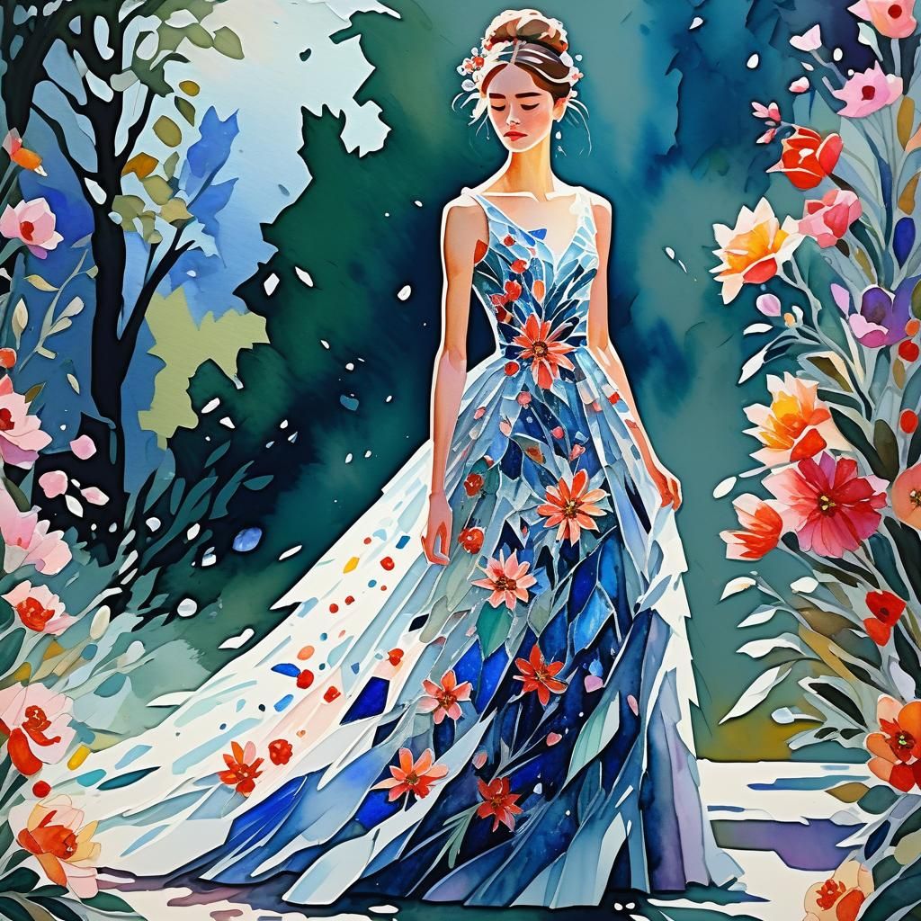 Floral Shattered Crystal Gown as Gouache Painting