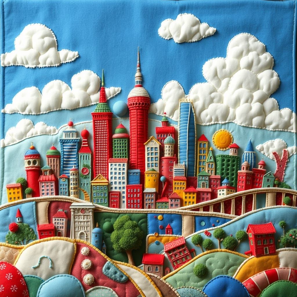 Whimsical Cityscape in Colorful Fabric