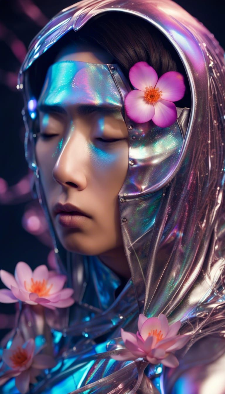 Cyborg with Flower in Cyberpunk Style