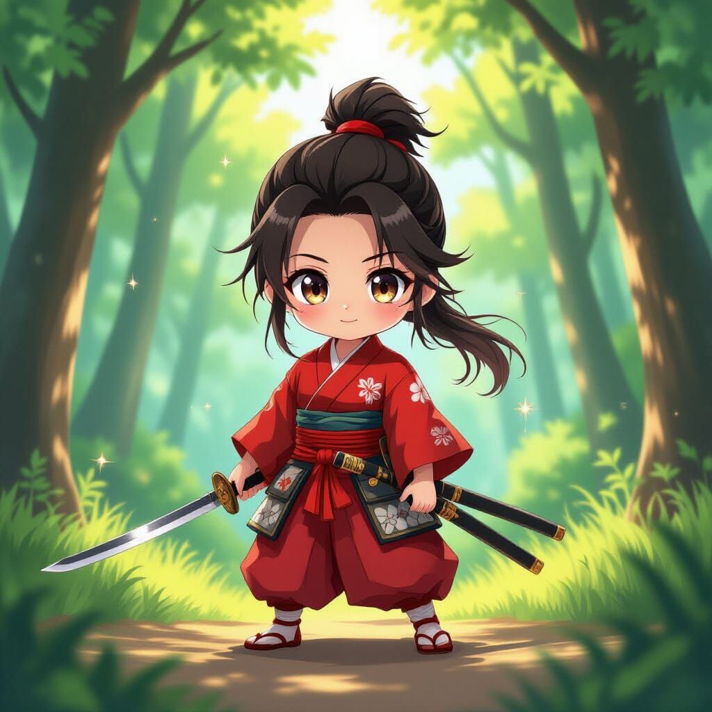 Young Samurai in Whimsical Forest: Anime Style
