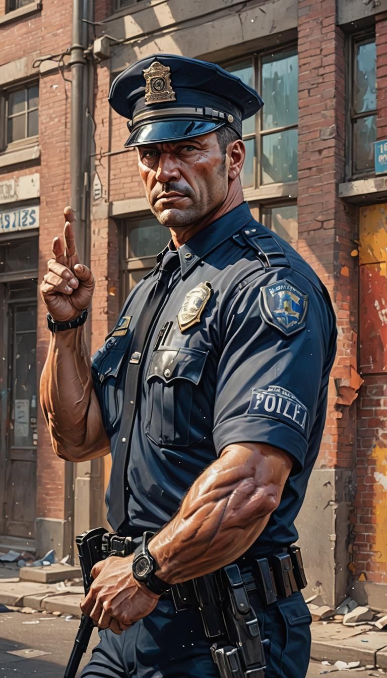 Muscular Policeman Directs Outdoors in Hyperrealistic Style