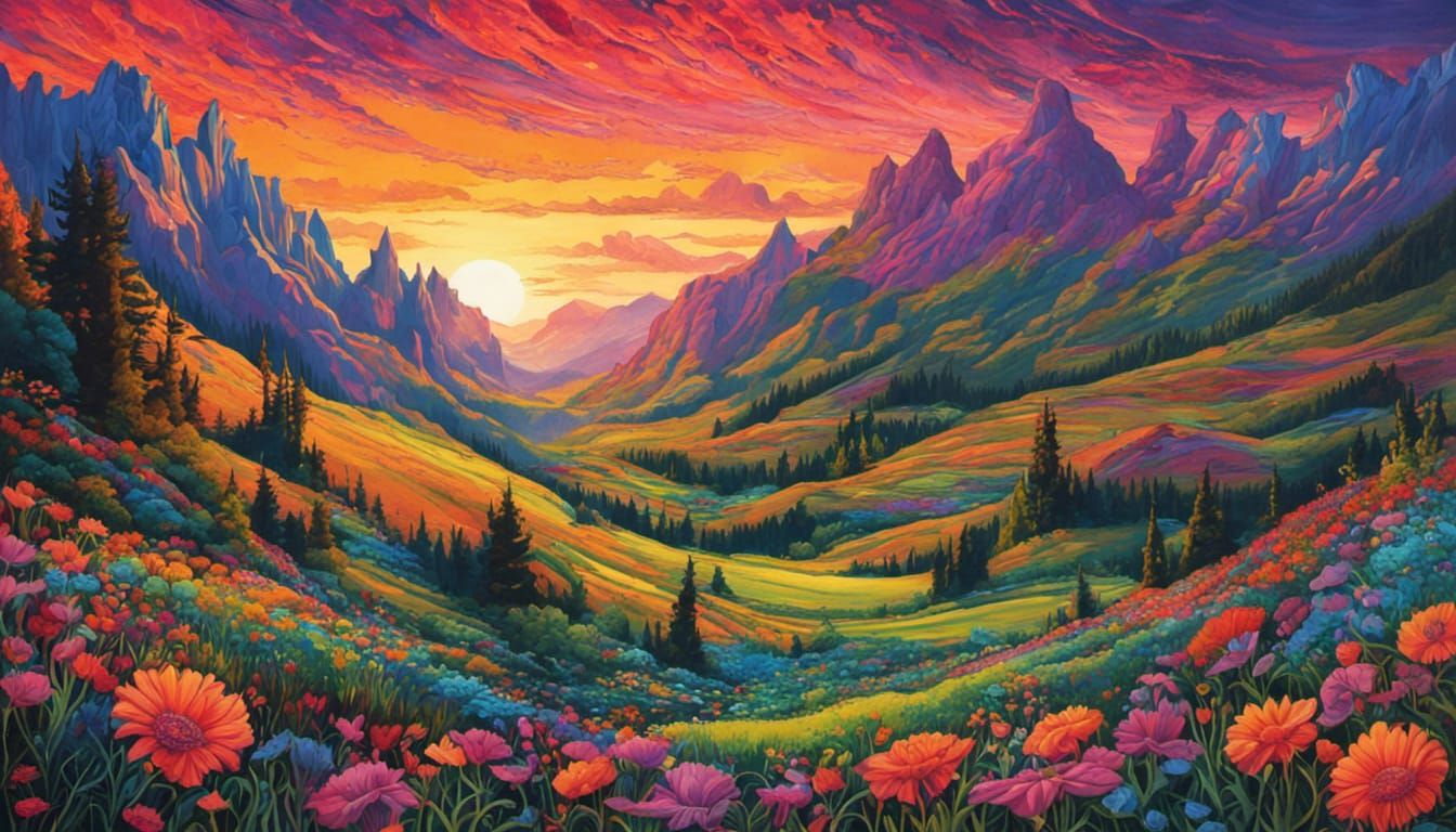Vibrant Fantasy Landscape in Gouache Style