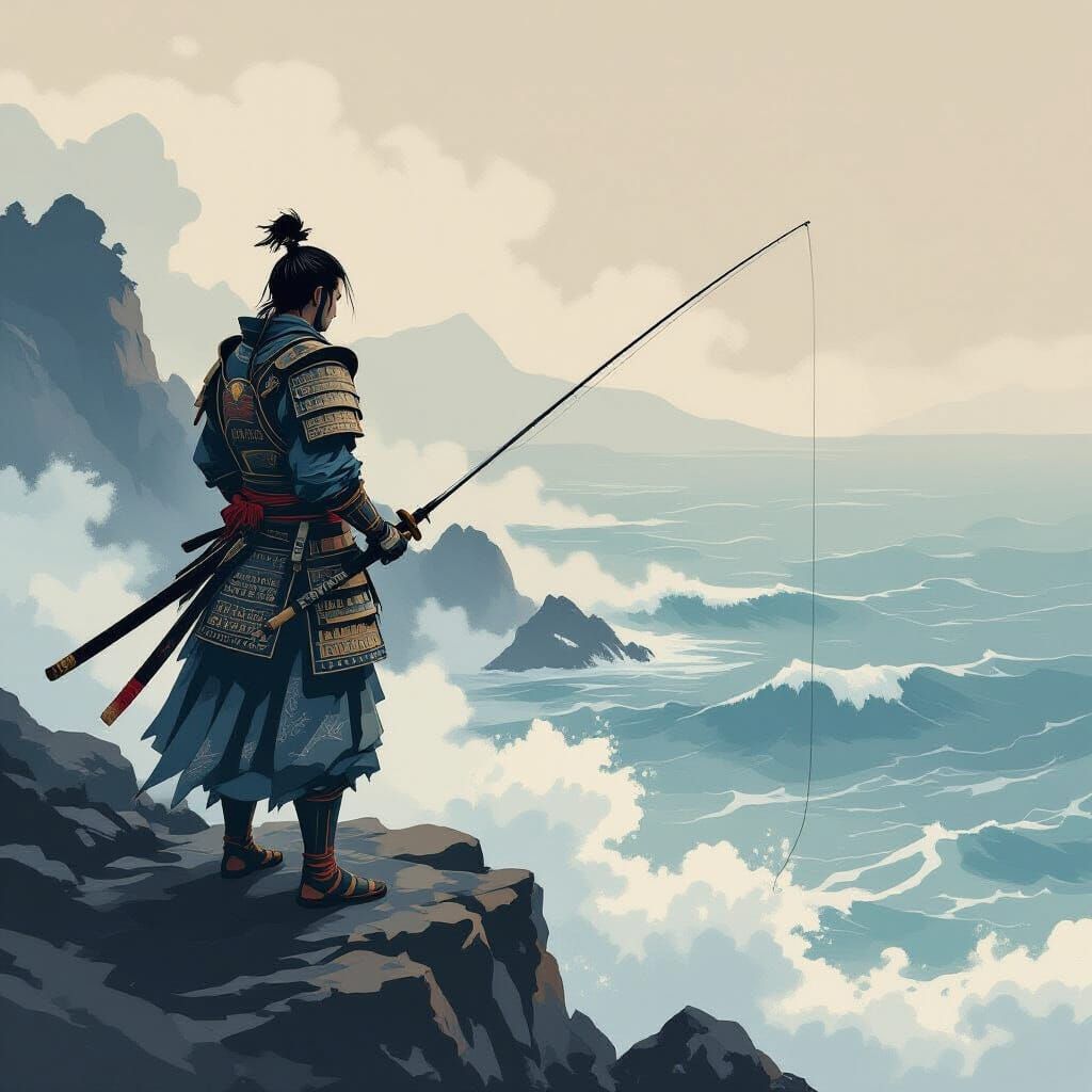 Samurai Angler Overlooking Misty Sea