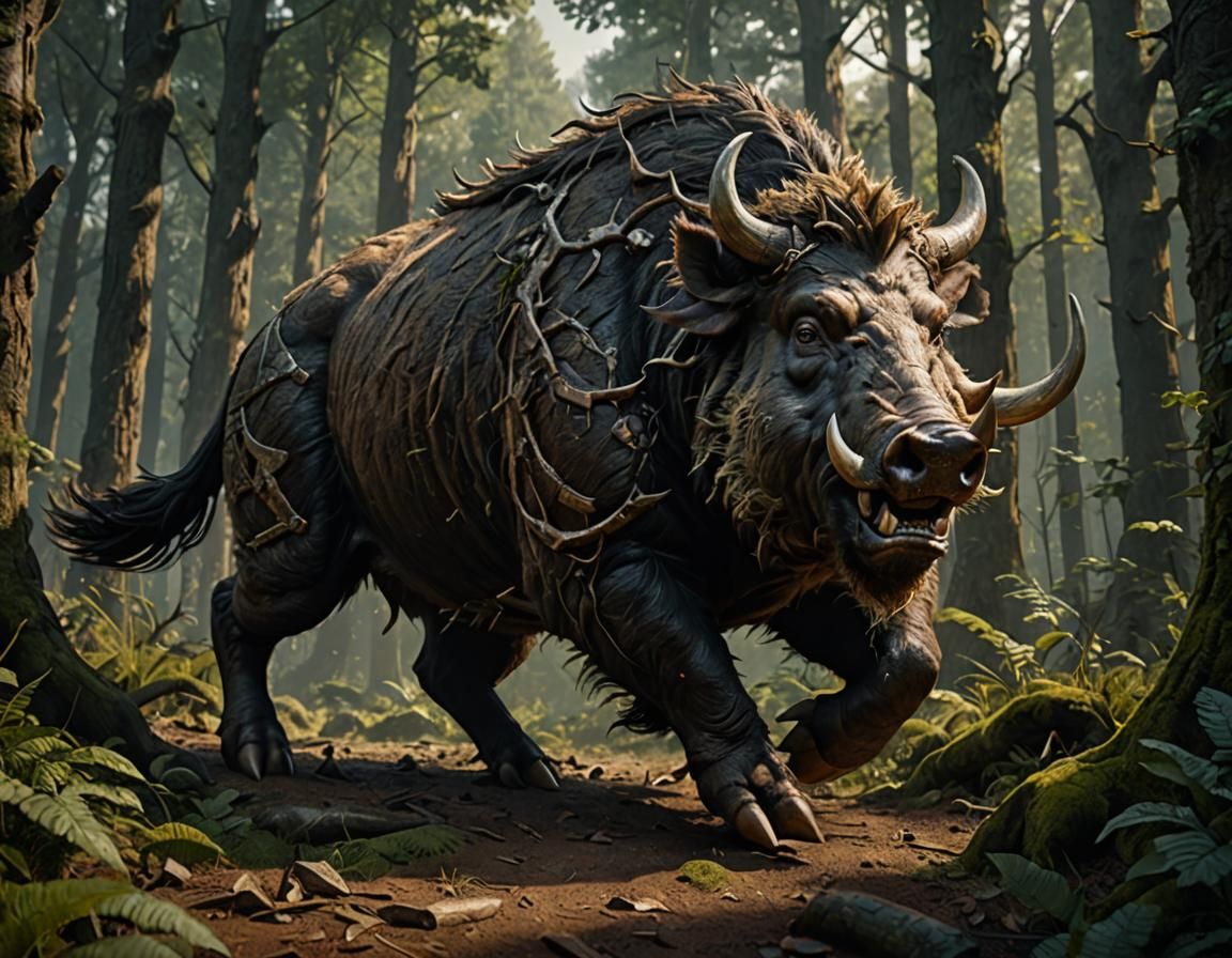 Majestic Magical Boar Charging Through Forest: Photorealisti...