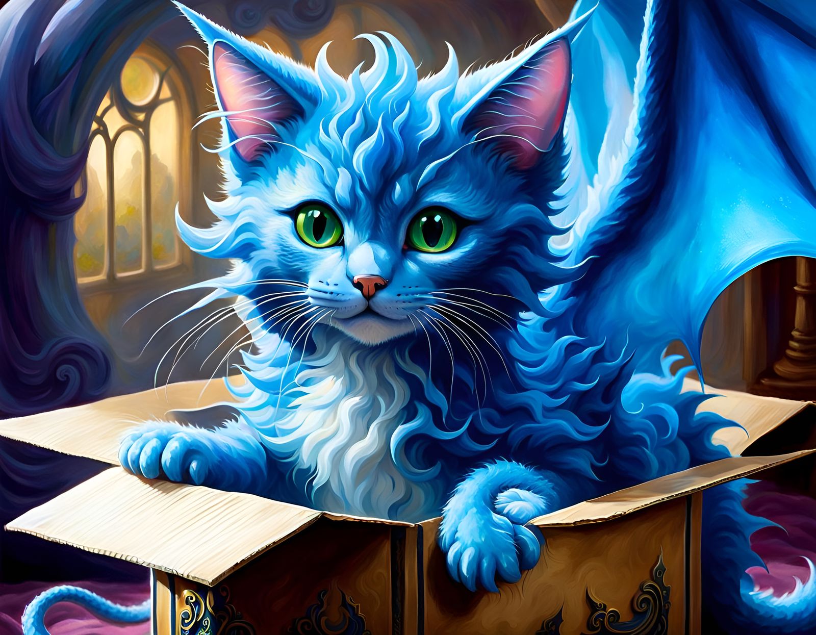 Blue Dragon Cat with Tentacles in Cardboard Box