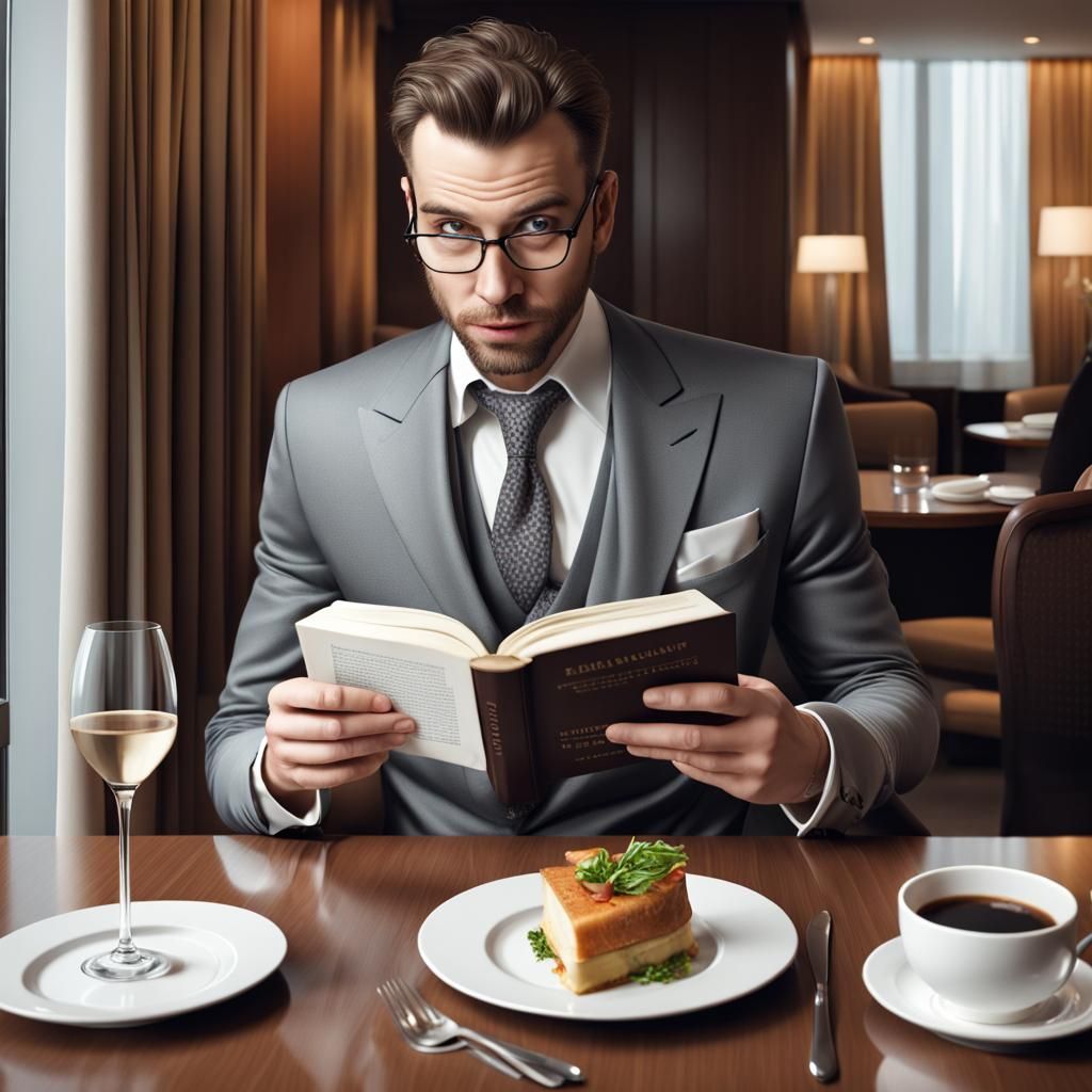 Surreal Scene: Man Eats Book in Modern Hotel