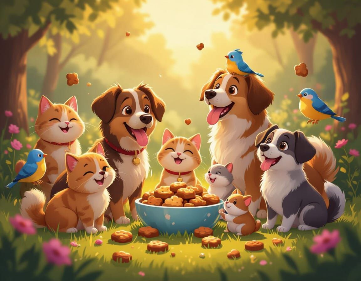 Happy Pets Enjoying Treats in Golden Hour Glow