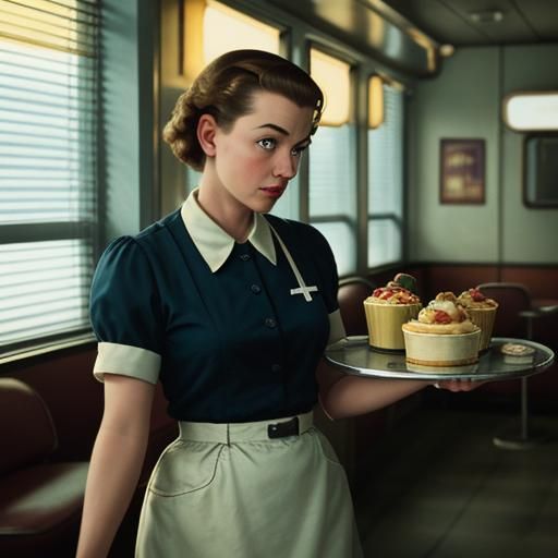 Waitress in 1950s Diner: Cinematic Film Still