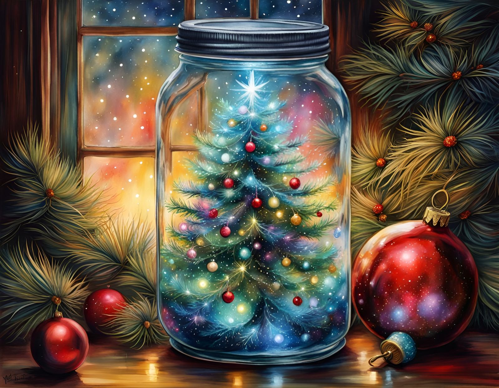 Christmas Tree in Mason Jar Watercolor Illustration
