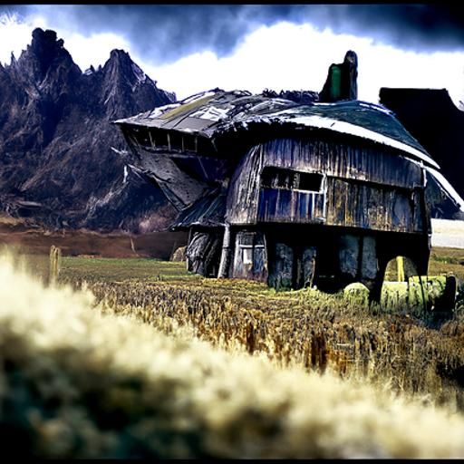 A dilapidated farmhouse on a foreign planet.